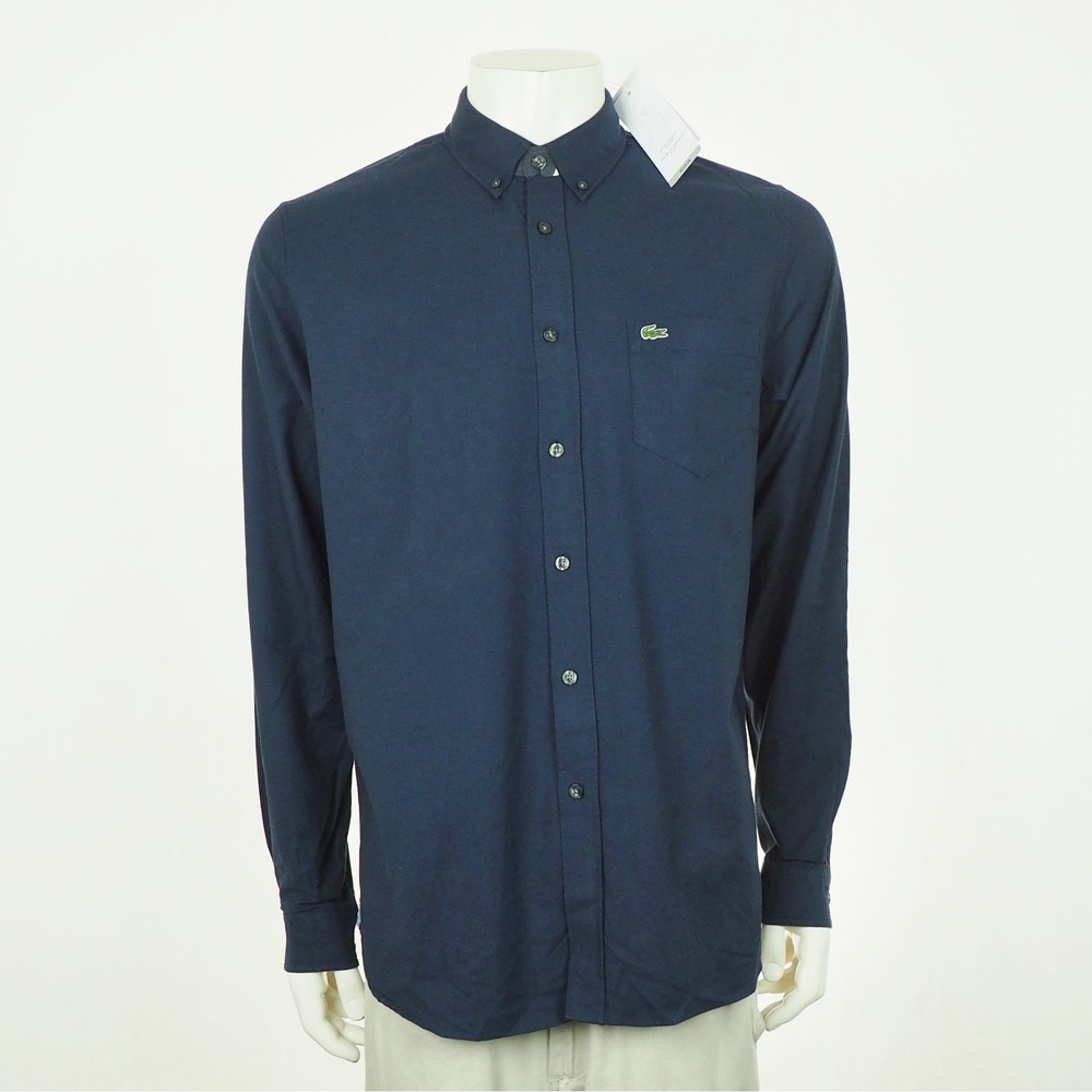 New Lacoste Button Down Shirt Mens Medium Navy Blue Regular Fit Oxford Cotton